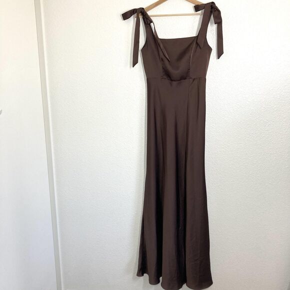 Birdy Grey Dress Womens Small Brown Satin Square Neck Tie Strap Maxi Bridesmaid - Picture 2 of 16